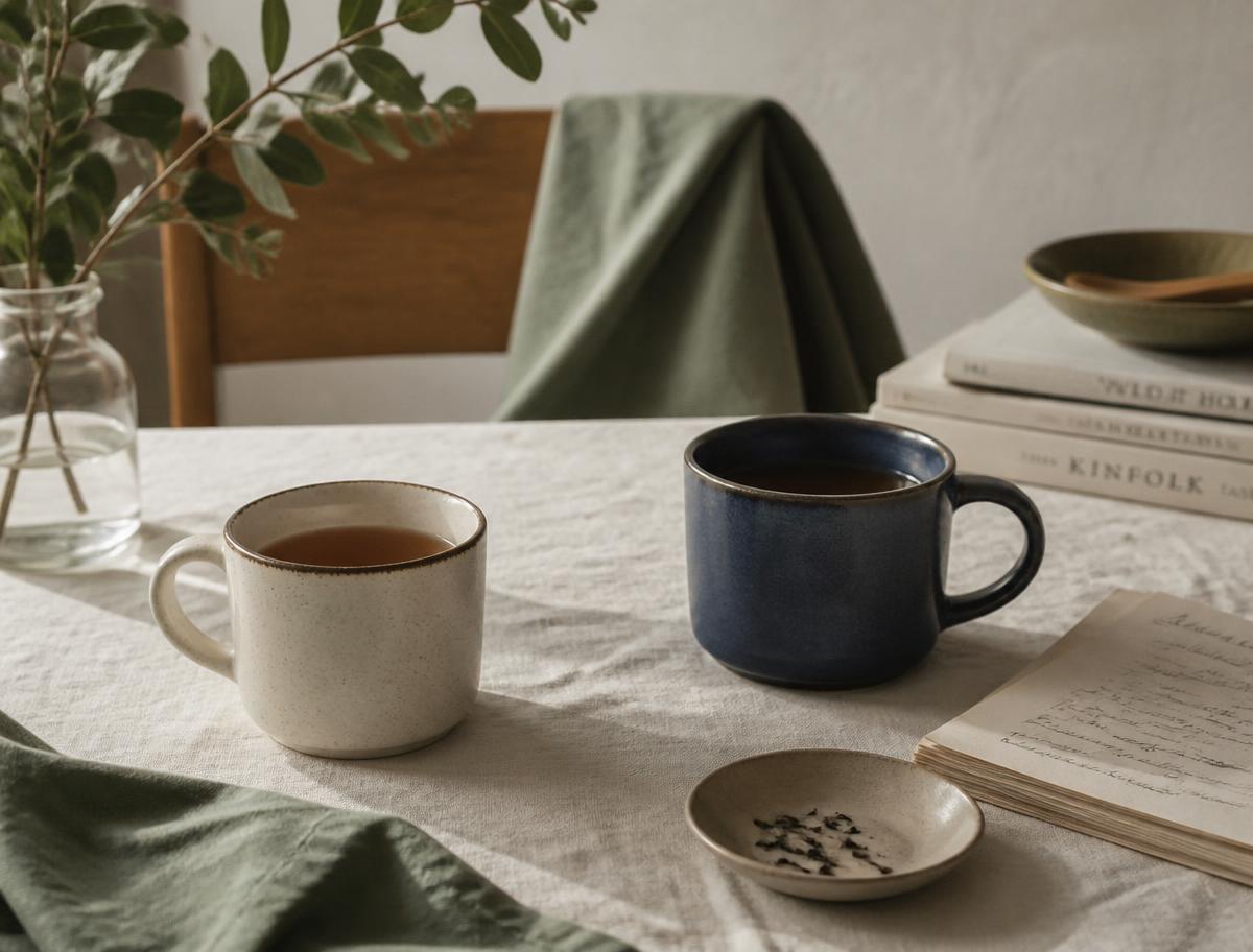Two mugs of tea on a linen covered table in soft morning light.