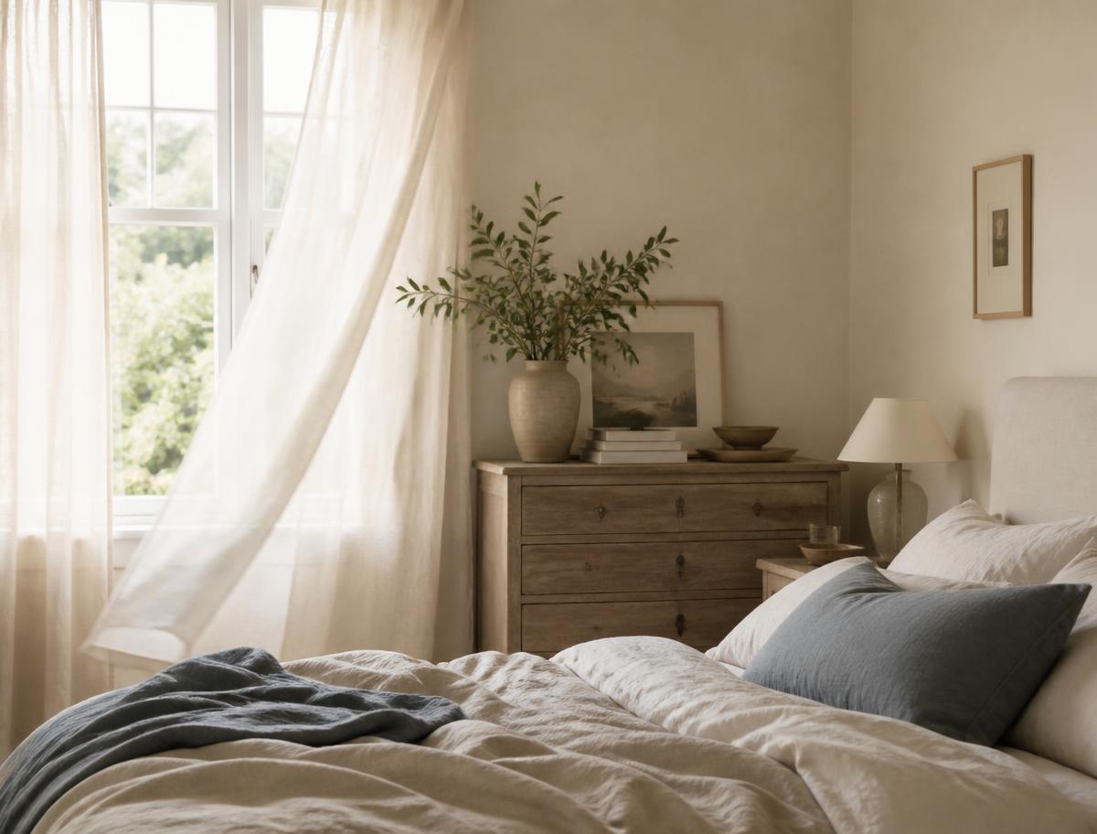 A quiet bedroom corner with daylight through a linen curtain.