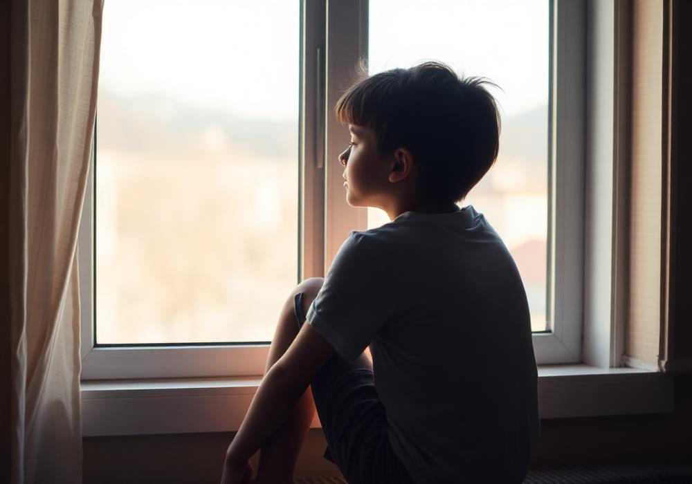 A teenager looking out of a window in soft daylight.