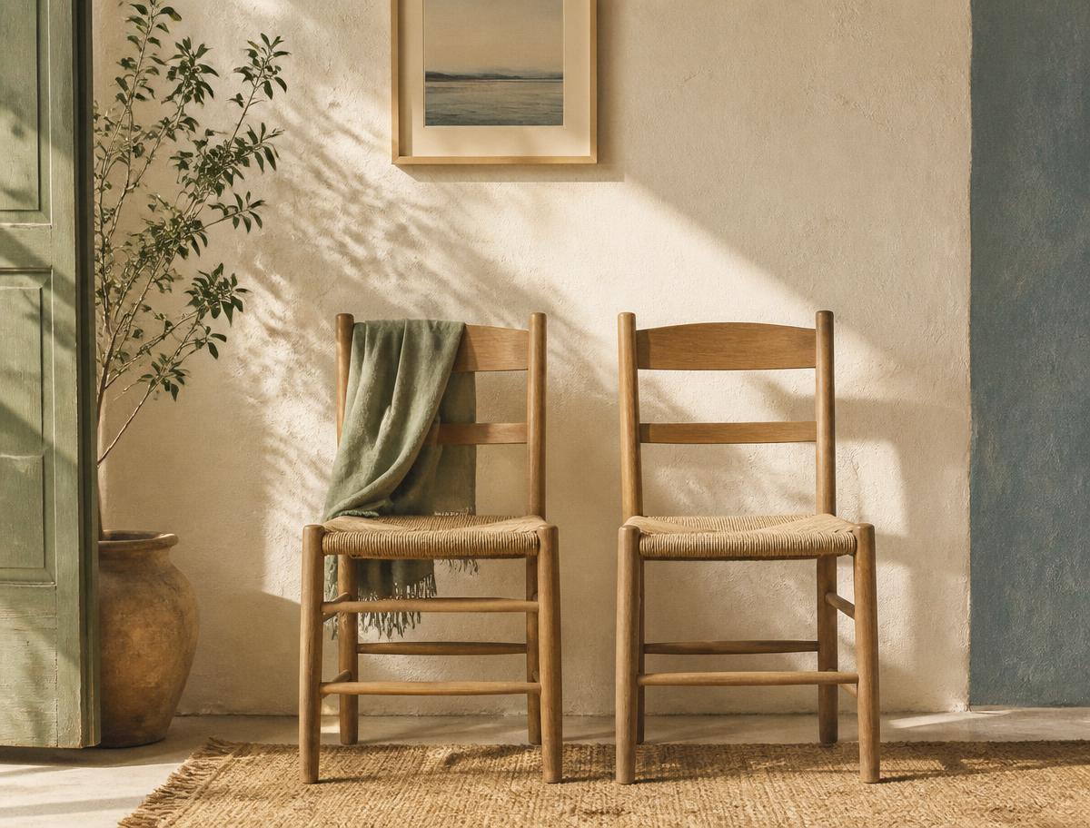 Two simple wooden chairs side by side against a sunlit wall.
