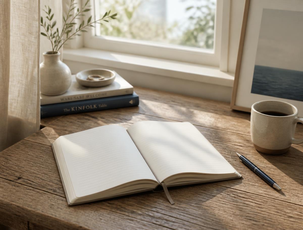 An open notebook and pen on a wooden table beside a sunlit window.