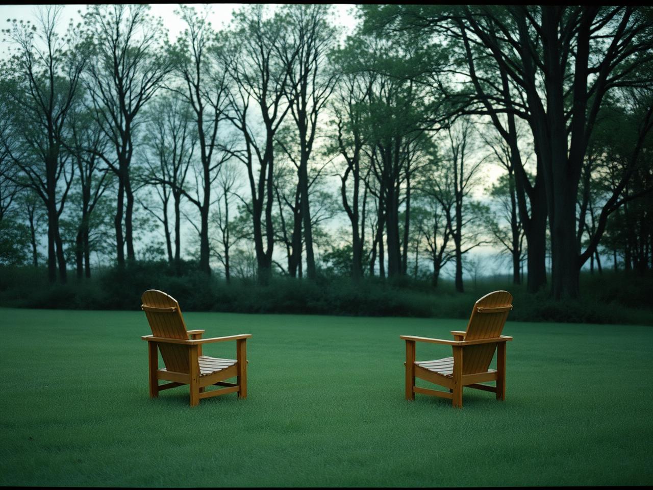 Two wooden chairs facing each other in an open grassy clearing at dusk, The Clearing.