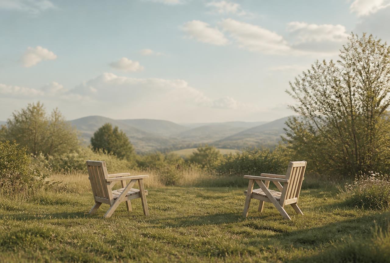 Two wooden chairs facing each other in an open grassy clearing at dusk, The Clearing.