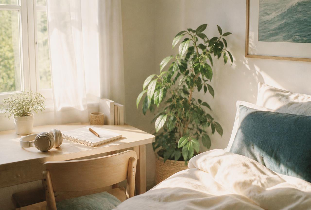 A young person's bedroom corner with a notebook and headphones on the bed, In My Room.
