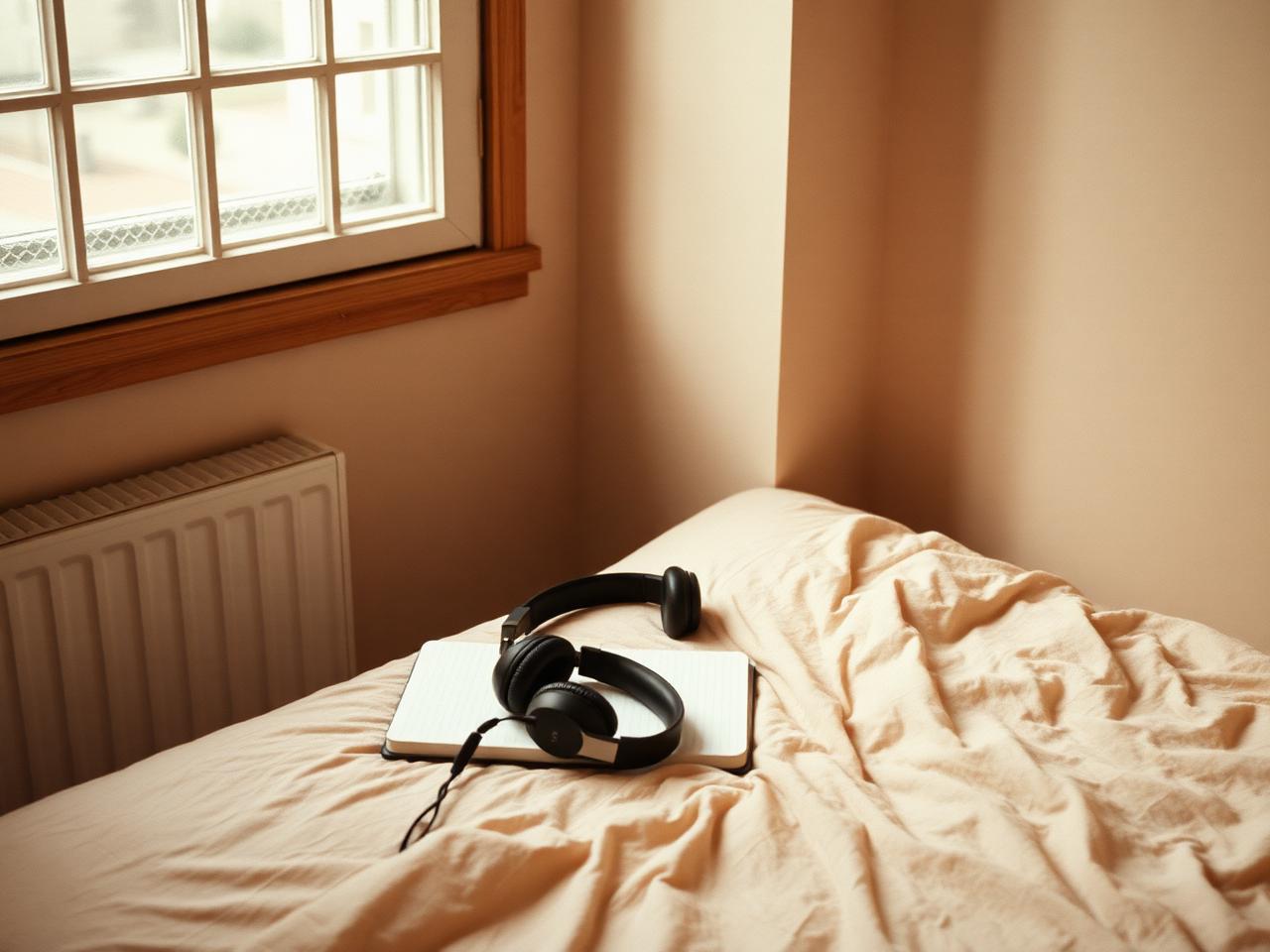 A young person's bedroom corner with a notebook and headphones on the bed, In My Room.
