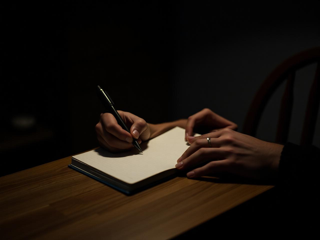 A parent writing in a notebook at a kitchen table by lamp light, A Place to Land.