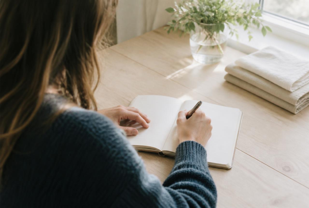 A parent writing in a notebook at a kitchen table by lamp light, A Place to Land.