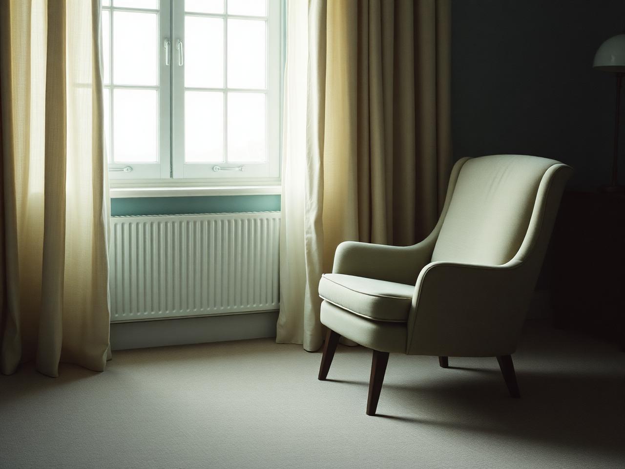 A quiet armchair by a curtained window in early morning light.