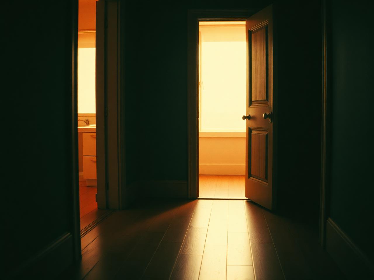 A partly open interior door with warm light across the floorboards, The Threshold.