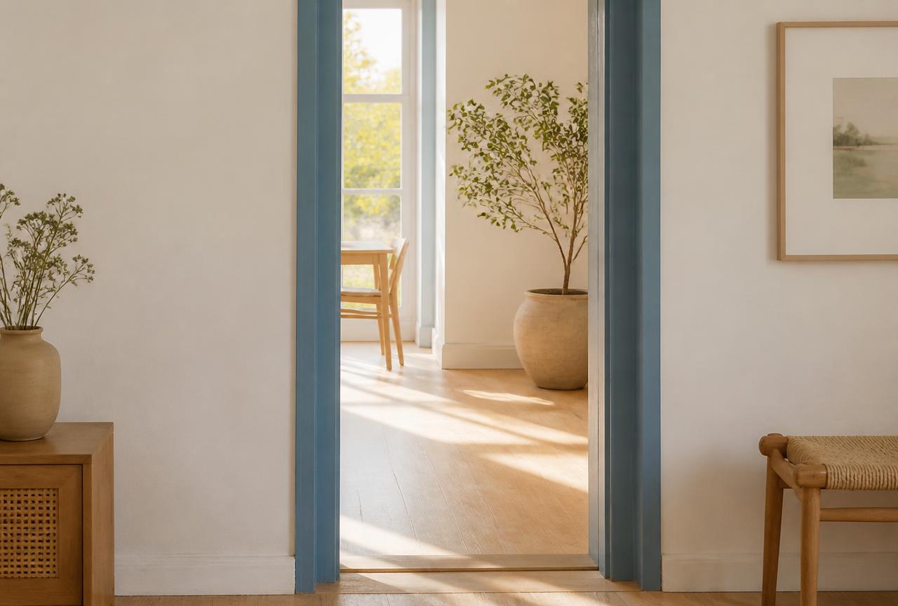 A partly open interior door with warm light across the floorboards, The Threshold.