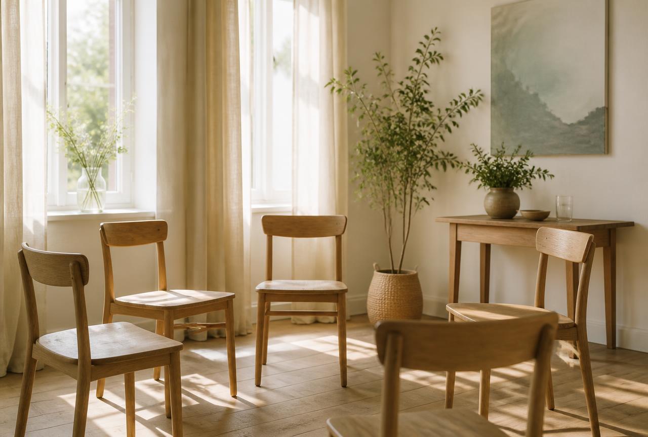 A circle of wooden chairs in a softly lit hall, The Village.