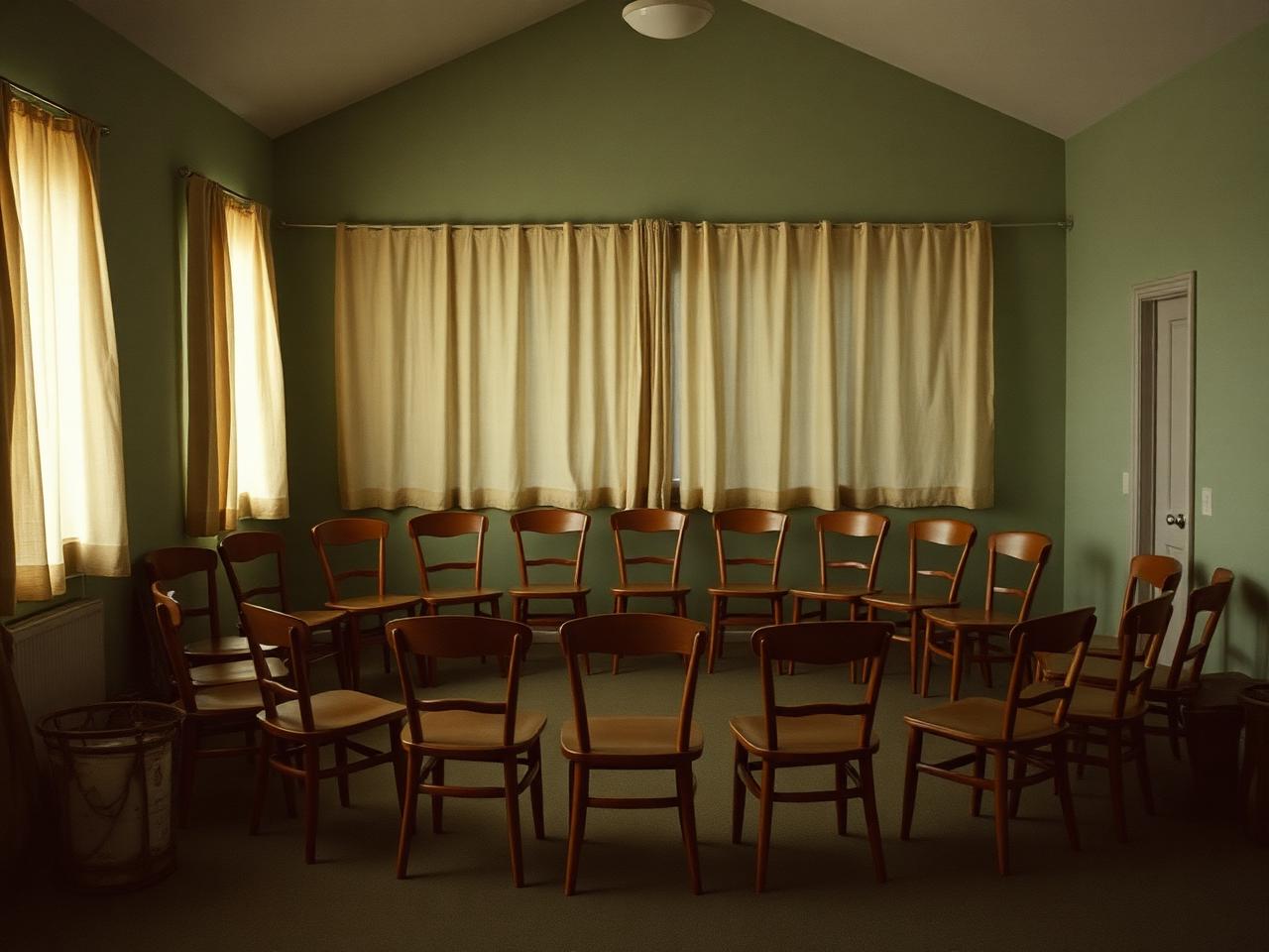 A circle of wooden chairs in a softly lit hall, The Village.